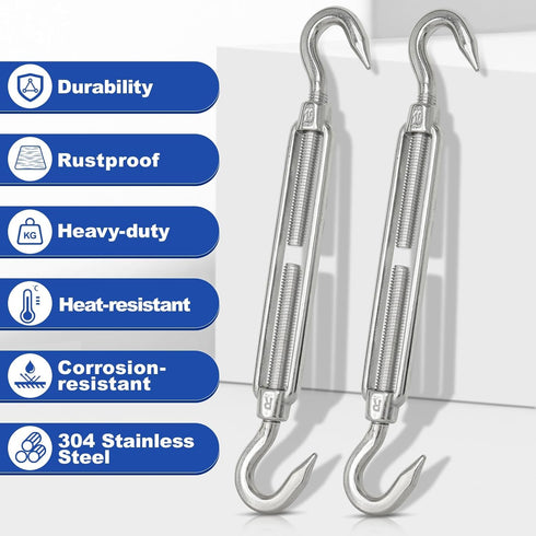 TooTaci 10PCS M10 Turnbuckle 304 Stainless Steel Turnbuckle Hook and Hook, Heavy Duty M6 M8 M10 Tensioner Adjustable Shade Sail Hardware for Cables Wire 3/16" 1/4" 5/16" /3/8", Trampoline, Tent, Tarps