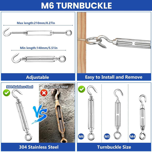 TooTaci 5PCS M6 Turnbuckle 304 Stainless Steel Turnbuckle Hook and Eye, Heavy Duty M6 M8 M10 Tensioner Adjustable Shade Sail Hardware for Cables Wire 3/16" 1/4" 5/16" /3/8", Railing, Clothesline