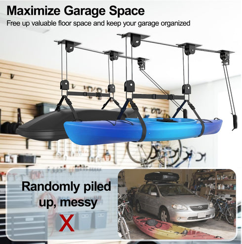 TooTaci Cargo Box Pulley System for Garage, Heavy Duty Ceiling Storage Lift with 3 Metal Pulley Hold Up to 150lbs, Garage Hoist System for Kayak, Roof Box, Ladders, Easy Lift, Fit 10-14 Foot Ceilings