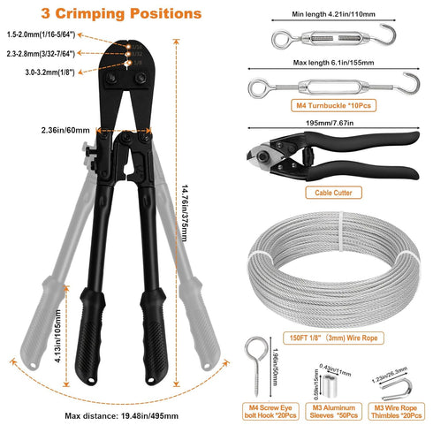 TooTaci 1/8 Stainless Steel Cable Kit, 150ft 1/8 Wire Rope with Crimping Tool & Cutter, Turnbuckle Wire Tensioner Kit, 7×7 Strands Aircraft Cable for Deck Railing, String Light Hanging, Curtain