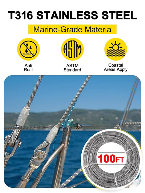 TooTaci 3/16 Wire Rope Cable, 100ft T316 Stainless Steel Cable 3/16 inch, 7×19 Strands Marine Grade Aircraft Cable Braided Steel Cable for 3/16 Cable Railing Kit, Wire Railing for Deck, Porch, Boat