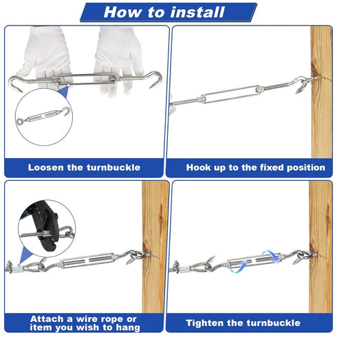 TooTaci 10PCS M10 Turnbuckle 304 Stainless Steel Turnbuckle Hook and Hook, Heavy Duty M6 M8 M10 Tensioner Adjustable Shade Sail Hardware for Cables Wire 3/16" 1/4" 5/16" /3/8", Trampoline, Tent, Tarps