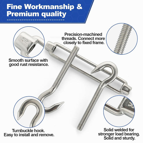 TooTaci 10PCS M10 Turnbuckle 304 Stainless Steel Turnbuckle Hook and Hook, Heavy Duty M6 M8 M10 Tensioner Adjustable Shade Sail Hardware for Cables Wire 3/16" 1/4" 5/16" /3/8", Trampoline, Tent, Tarps