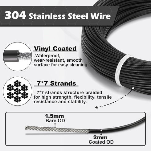 TooTaci 1/16" Wire Rope Kit, 200FT 1/16 Black Vinyl Coated Stainless Steel Cable with Wire Rope Crimping Tool Kit & Turnbuckle, Tension Cable for String Light Hanging, Garden Trellis, Curtain