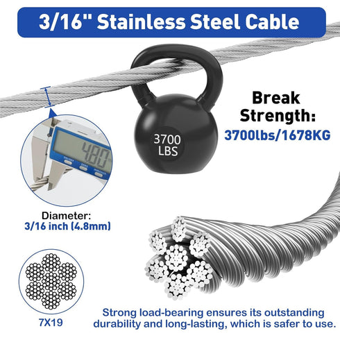 TooTaci 3/16" Stainless Steel Cable, 100ft Wire Rope with Aluminum Crimping Sleeve&Thimbles, 7x19 Strands, 3700lbs Breaking Strength Heavy Duty Aircraft Cable for Zipline, Deck Railing, Shade Sail