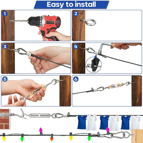 TooTaci 1/8" Wire Rope Kit, 200FT Black Vinyl Coated Stainless Steel Wire Cable, 7×7 Strands Core, M5 Turnbuckles for Cables Wire, Tension Wire for String Light Hanging Kit, Clothesline, Garden Wire