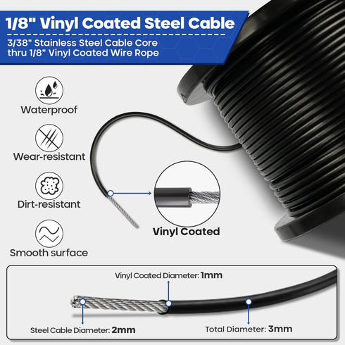 TooTaci 1/8" Wire Rope Kit, 200FT Black Vinyl Coated Stainless Steel Wire Cable, 7×7 Strands Core, M5 Turnbuckles for Cables Wire, Tension Wire for String Light Hanging Kit, Clothesline, Garden Wire