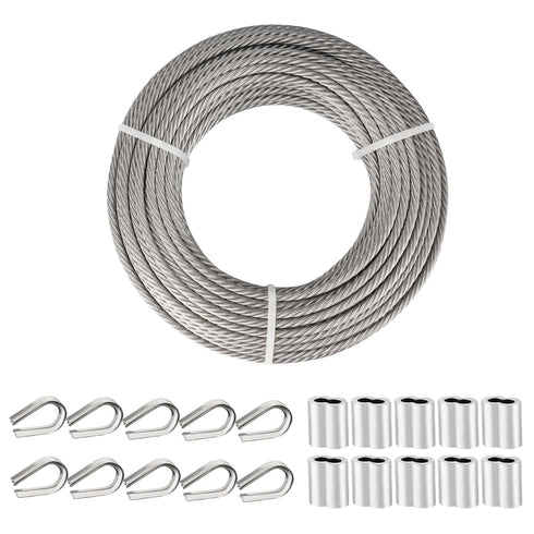 TooTaci 1/4 Stainless Steel Cable, 100ft 1/4 Wire Rope with Thimbles and Aluminum Crimping Sleeves, 7x19 Strands, 6400lbs Breaking Strength Heavy Duty Aircraft Cable for Yard Zipline, Boat Lift