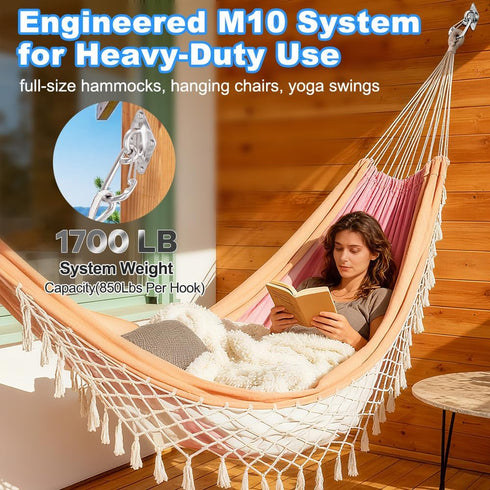 TooTaci 2Pack Hammock Hooks Hanging kit, Heavy Duty M10 Stainless Steel Pad Eye with Closed Snap Hooks, 1700 lbs Capacity Hammock Hanging Kit for Porch Swing Hanging, Wall Ceiling Mount Hanger