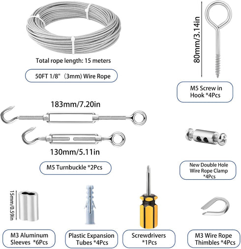 TooTaci 1/8" Wire Rope Kit, 50FT Vinyl Coated Stainless Steel Cable with M5 Turnbuckles for Cables Wire, String Light Hanging Kit for Garden Trellis, Curtain, Clothes line
