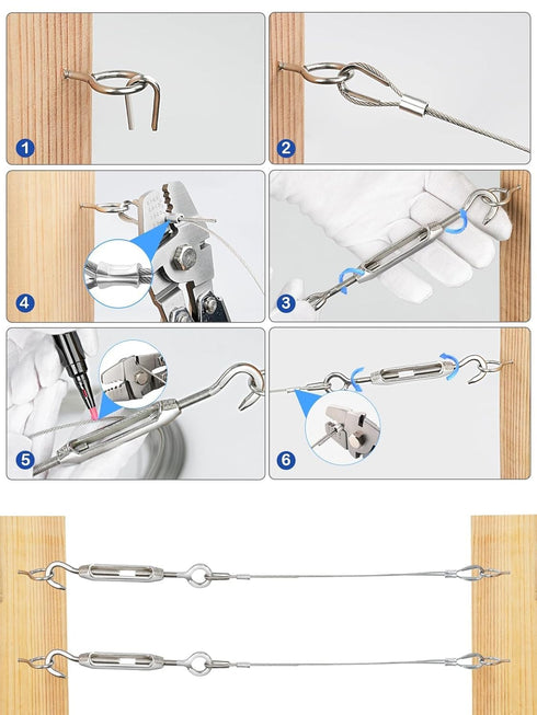 TooTaci 165ft 1/16 Stainless Steel Cable with Wire Rope Crimping Tool, Turnbuckles for Cables Wire Tension Kit for Garden Trellis for Climbing Plants, String Lights Hanging, Picture Hanging