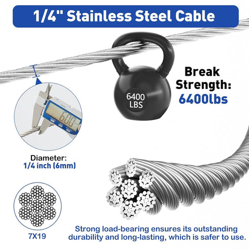 TooTaci 1/4 Stainless Steel Cable, 100ft 1/4 Wire Rope with Thimbles and Aluminum Crimping Sleeves, 7x19 Strands, 6400lbs Breaking Strength Heavy Duty Aircraft Cable for Yard Zipline, Boat Lift