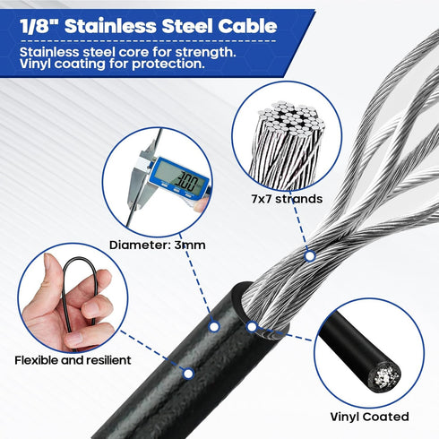 TooTaci 1/8 Black Vinyl Coated Stainless Steel Cable, 100ft Wire Rope with 50pcs Crimping Sleeves and 20pcs Thimbles, 7x7 Strand Core Metal Cable for String Light, Shade Sail, Clothesline, Curtain