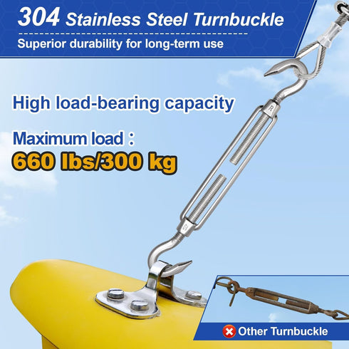 TooTaci 10PCS M10 Turnbuckle 304 Stainless Steel Turnbuckle Hook and Hook, Heavy Duty M6 M8 M10 Tensioner Adjustable Shade Sail Hardware for Cables Wire 3/16" 1/4" 5/16" /3/8", Trampoline, Tent, Tarps