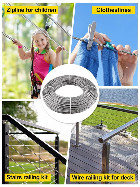 TooTaci 3/16 Wire Rope Cable, 100ft T316 Stainless Steel Cable 3/16 inch, 7×19 Strands Marine Grade Aircraft Cable Braided Steel Cable for 3/16 Cable Railing Kit, Wire Railing for Deck, Porch, Boat