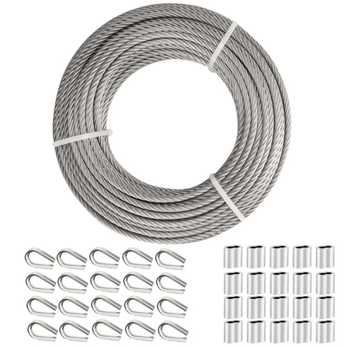 TooTaci 3/16" Stainless Steel Cable, 100ft Wire Rope with Aluminum Crimping Sleeve&Thimbles, 7x19 Strands, 3700lbs Breaking Strength Heavy Duty Aircraft Cable for Zipline, Deck Railing, Shade Sail
