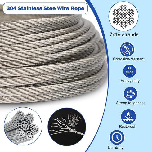 TooTaci 1/4 Stainless Steel Cable, 100ft 1/4 Wire Rope with Thimbles and Aluminum Crimping Sleeves, 7x19 Strands, 6400lbs Breaking Strength Heavy Duty Aircraft Cable for Yard Zipline, Boat Lift