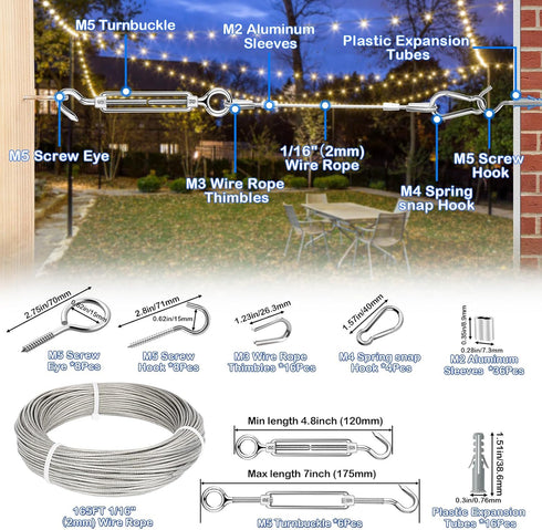TooTaci 1/16 Wire Rope Kit, 165ft Vinyl Coated Stainless Steel Cable with M5 Turnbuckles for Cables Wire Tension Kit for Garden Trellis, Curtain, String Light Hanging