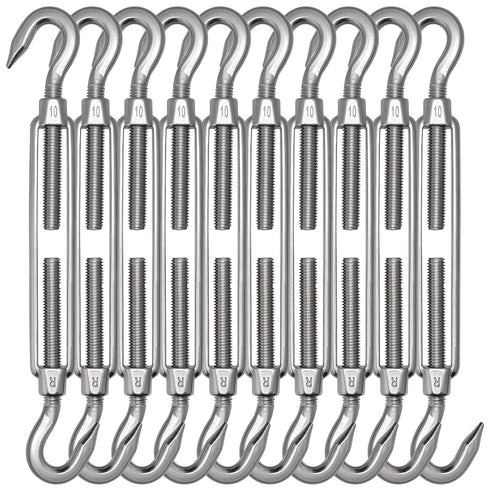 TooTaci 10PCS M10 Turnbuckle 304 Stainless Steel Turnbuckle Hook and Hook, Heavy Duty M6 M8 M10 Tensioner Adjustable Shade Sail Hardware for Cables Wire 3/16" 1/4" 5/16" /3/8", Trampoline, Tent, Tarps