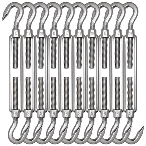TooTaci 10PCS M10 Turnbuckle 304 Stainless Steel Turnbuckle Hook and Hook, Heavy Duty M6 M8 M10 Tensioner Adjustable Shade Sail Hardware for Cables Wire 3/16" 1/4" 5/16" /3/8", Trampoline, Tent, Tarps
