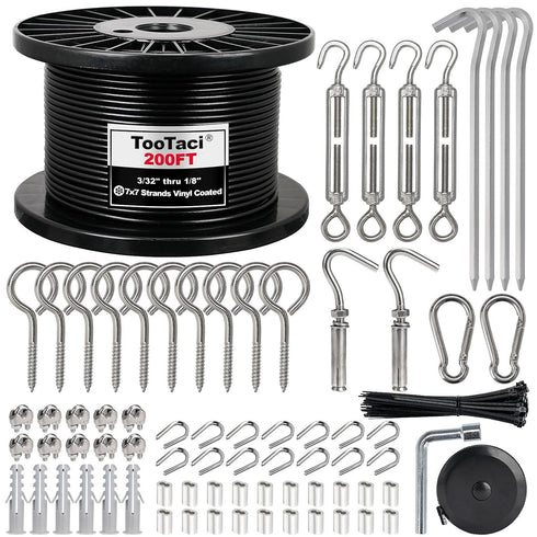 TooTaci 1/8" Wire Rope Kit, 200FT Black Vinyl Coated Stainless Steel Wire Cable, 7×7 Strands Core, M5 Turnbuckles for Cables Wire, Tension Wire for String Light Hanging Kit, Clothesline, Garden Wire