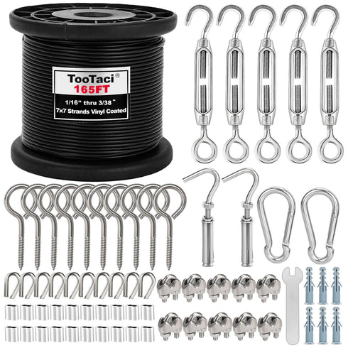 TooTaci 1/16 Wire Rope Kit, 165ft Black Vinyl Coated Stainless Steel Cable with Turnbuckles for Cables Wire, String Light Hanging Kit for Trellis & Climbing Plant Support, Curtain