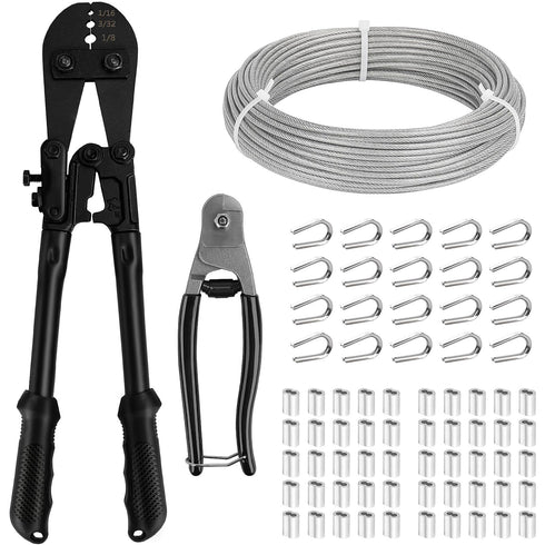 TooTaci 1/8" Stainless Steel Cable Wire Rope, 200ft Vinyl Coated Steel Cable with Wire Rope Crimping Tool & Cutter, Turnbuckles for Cables Wires, Hanging Clothes, String Lights Hanging