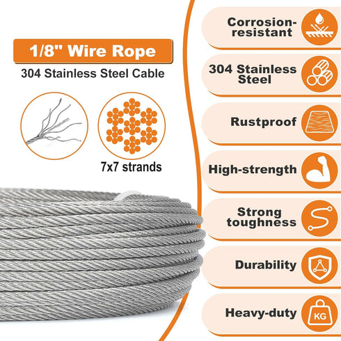 TooTaci 1/8 Stainless Steel Cable Kit, 150ft 1/8 Wire Rope with Crimping Tool & Cutter, Turnbuckle Wire Tensioner Kit, 7×7 Strands Aircraft Cable for Deck Railing, String Light Hanging, Curtain