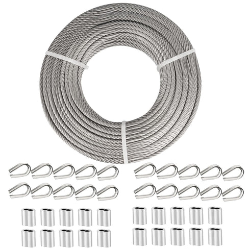 TooTaci 1/4 Stainless Steel Cable, 100ft 1/4 Wire Rope with Thimbles and Aluminum Crimping Sleeves, 7x19 Strands, 6400lbs Breaking Strength Heavy Duty Aircraft Cable for Yard Zipline, Boat Lift