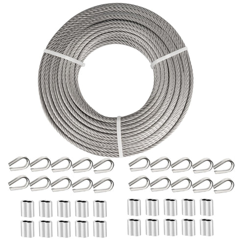TooTaci 1/4 Stainless Steel Cable, 100ft 1/4 Wire Rope with Thimbles and Aluminum Crimping Sleeves, 7x19 Strands, 6400lbs Breaking Strength Heavy Duty Aircraft Cable for Yard Zipline, Boat Lift