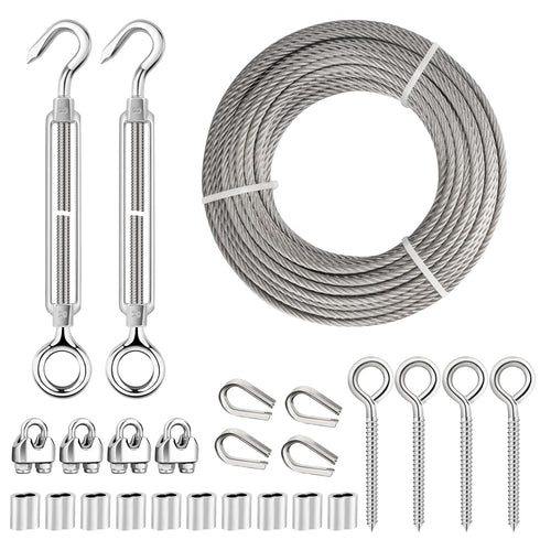 TooTaci 3/16" Stainless Steel Cable, 100ft Wire Rope with Aluminum Crimping Sleeve&Thimbles, 7x19 Strands, 3700lbs Breaking Strength Heavy Duty Aircraft Cable for Zipline, Deck Railing, Shade Sail