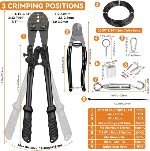 TooTaci 1/16" Wire Rope Kit, 200FT 1/16 Black Vinyl Coated Stainless Steel Cable with Wire Rope Crimping Tool Kit & Turnbuckle, Tension Cable for String Light Hanging, Garden Trellis, Curtain