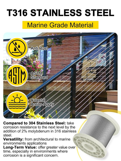 TooTaci 3/16 Wire Rope Cable, 100ft T316 Stainless Steel Cable 3/16 inch, 7×19 Strands Marine Grade Aircraft Cable Braided Steel Cable for 3/16 Cable Railing Kit, Wire Railing for Deck, Porch, Boat
