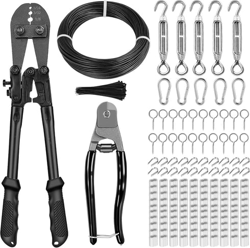 TooTaci 1/16" Wire Rope Kit, 200FT 1/16 Black Vinyl Coated Stainless Steel Cable with Wire Rope Crimping Tool Kit & Turnbuckle, Tension Cable for String Light Hanging, Garden Trellis, Curtain