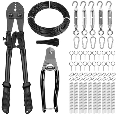 TooTaci 1/16" Wire Rope Kit, 200FT 1/16 Black Vinyl Coated Stainless Steel Cable with Wire Rope Crimping Tool Kit & Turnbuckle, Tension Cable for String Light Hanging, Garden Trellis, Curtain