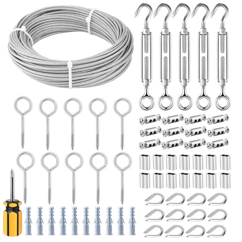 TooTaci 1/8" Wire Rope Kit, 50FT Vinyl Coated Stainless Steel Cable with M5 Turnbuckles for Cables Wire, String Light Hanging Kit for Garden Trellis, Curtain, Clothes line