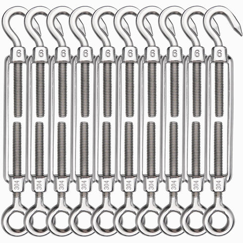 TooTaci 10PCS M10 Turnbuckle 304 Stainless Steel Turnbuckle Hook and Hook, Heavy Duty M6 M8 M10 Tensioner Adjustable Shade Sail Hardware for Cables Wire 3/16" 1/4" 5/16" /3/8", Trampoline, Tent, Tarps