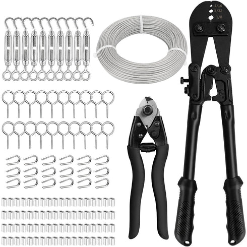 TooTaci 1/8 Stainless Steel Cable Kit, 150ft 1/8 Wire Rope with Crimping Tool & Cutter, Turnbuckle Wire Tensioner Kit, 7×7 Strands Aircraft Cable for Deck Railing, String Light Hanging, Curtain