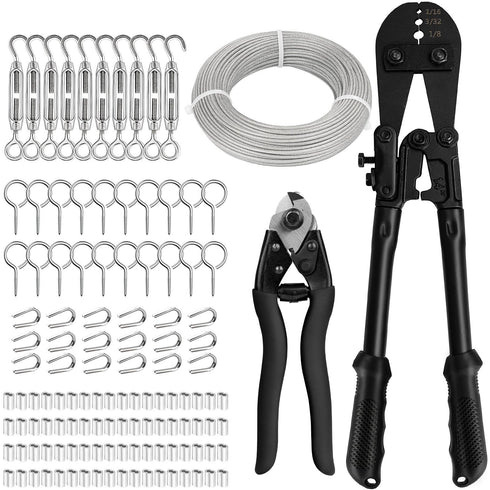 TooTaci 1/8 Stainless Steel Cable Kit, 150ft 1/8 Wire Rope with Crimping Tool & Cutter, Turnbuckle Wire Tensioner Kit, 7×7 Strands Aircraft Cable for Deck Railing, String Light Hanging, Curtain