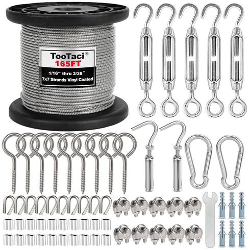 TooTaci 1/16 Wire Rope Kit, 165ft Black Vinyl Coated Stainless Steel Cable with Turnbuckles for Cables Wire, String Light Hanging Kit for Trellis & Climbing Plant Support, Curtain