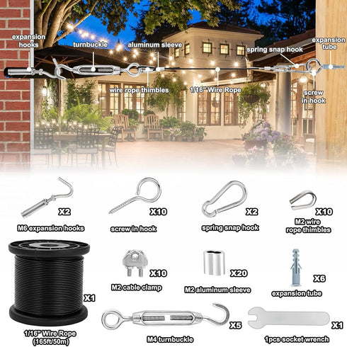 TooTaci 1/16 Wire Rope Kit, 165ft Black Vinyl Coated Stainless Steel Cable with Turnbuckles for Cables Wire, String Light Hanging Kit for Trellis & Climbing Plant Support, Curtain