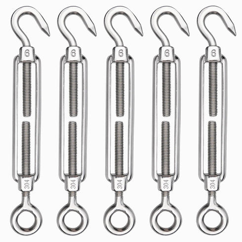 TooTaci 5PCS M6 Turnbuckle 304 Stainless Steel Turnbuckle Hook and Eye, Heavy Duty M6 M8 M10 Tensioner Adjustable Shade Sail Hardware for Cables Wire 3/16" 1/4" 5/16" /3/8", Railing, Clothesline