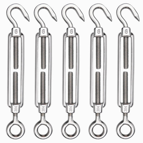 TooTaci 5PCS M6 Turnbuckle 304 Stainless Steel Turnbuckle Hook and Eye, Heavy Duty M6 M8 M10 Tensioner Adjustable Shade Sail Hardware for Cables Wire 3/16" 1/4" 5/16" /3/8", Railing, Clothesline