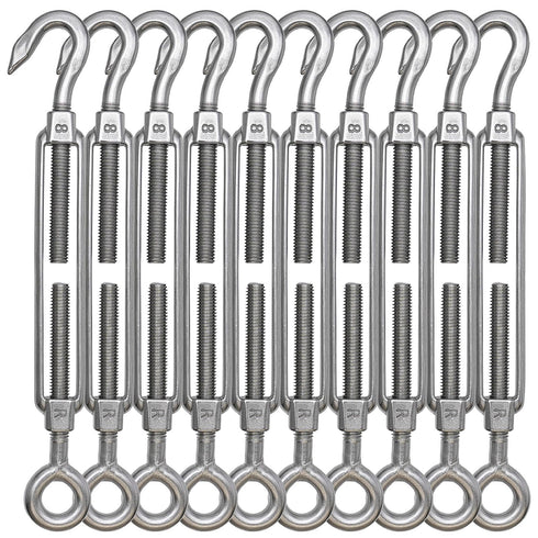 TooTaci 10PCS M10 Turnbuckle 304 Stainless Steel Turnbuckle Hook and Hook, Heavy Duty M6 M8 M10 Tensioner Adjustable Shade Sail Hardware for Cables Wire 3/16" 1/4" 5/16" /3/8", Trampoline, Tent, Tarps