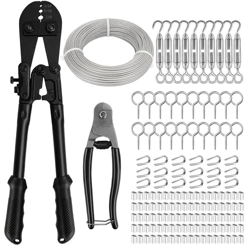 TooTaci 1/8" Stainless Steel Cable Wire Rope, 200ft Vinyl Coated Steel Cable with Wire Rope Crimping Tool & Cutter, Turnbuckles for Cables Wires, Hanging Clothes, String Lights Hanging