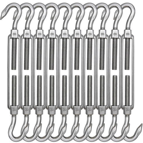 TooTaci 10PCS M10 Turnbuckle 304 Stainless Steel Turnbuckle Hook and Hook, Heavy Duty M6 M8 M10 Tensioner Adjustable Shade Sail Hardware for Cables Wire 3/16" 1/4" 5/16" /3/8", Trampoline, Tent, Tarps