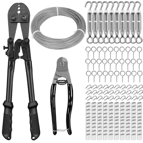 TooTaci 1/16" Wire Rope Kit, 200FT 1/16 Black Vinyl Coated Stainless Steel Cable with Wire Rope Crimping Tool Kit & Turnbuckle, Tension Cable for String Light Hanging, Garden Trellis, Curtain