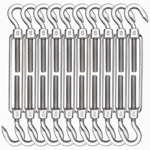 TooTaci 10PCS M10 Turnbuckle 304 Stainless Steel Turnbuckle Hook and Hook, Heavy Duty M6 M8 M10 Tensioner Adjustable Shade Sail Hardware for Cables Wire 3/16" 1/4" 5/16" /3/8", Trampoline, Tent, Tarps