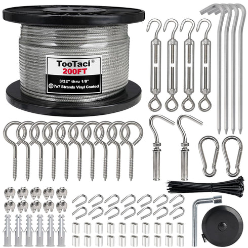 TooTaci 1/8" Wire Rope Kit, 200FT Black Vinyl Coated Stainless Steel Wire Cable, 7×7 Strands Core, M5 Turnbuckles for Cables Wire, Tension Wire for String Light Hanging Kit, Clothesline, Garden Wire