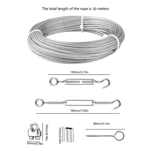 100ft 1/8" M5 Turnbuckle Wire Tensioner Kit Heavy Duty Stainless Steel Cable Wire Rope Kit
